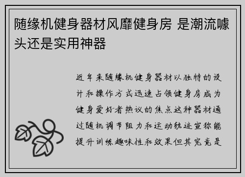 随缘机健身器材风靡健身房 是潮流噱头还是实用神器